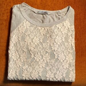 Olivia Moon Long Sleeve Gray Tee with Blush Pink Lace Overlay